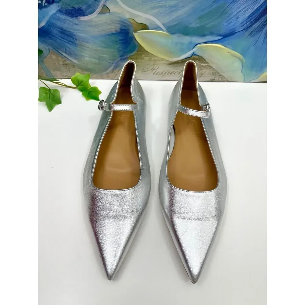 New AEYDE Cleo Pointed Toe Mary Jane Flat in Silver, Size EU 38.5/ US 8.5